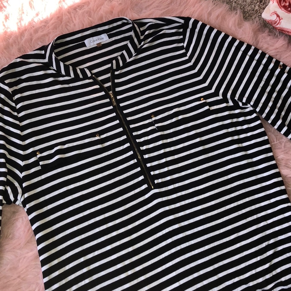 Calvin Klein Black and White Zip Collar Blouse